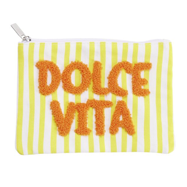 Pochette cosm&eacute;tique rayures color&eacute;es inscription message (3 mod&egrave;les)