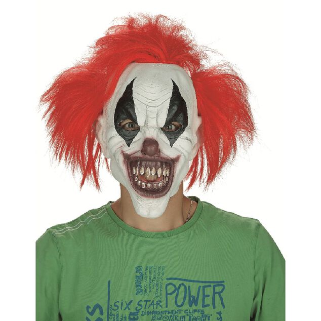 Masque adulte Halloween clown latex blanc avec cheveux rouges