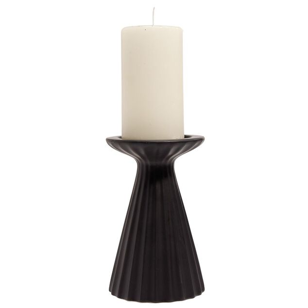 Bougeoir rond strie relief céramique noir - Ø11xH17cm