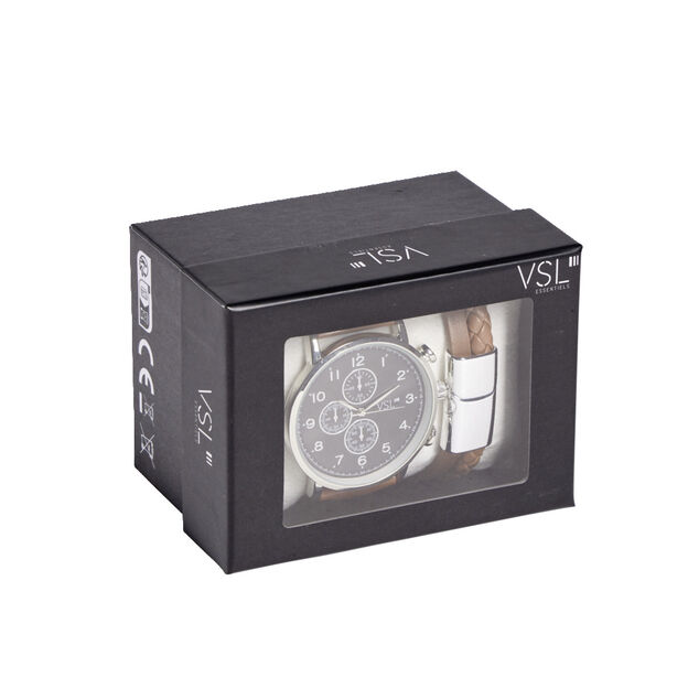 Ensemble montre et bracelet homme simili marron