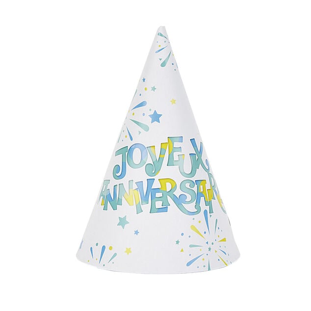 Chapeau de f&ecirc;te Joyeux anniversaire et feux d'artifice en carton x 8