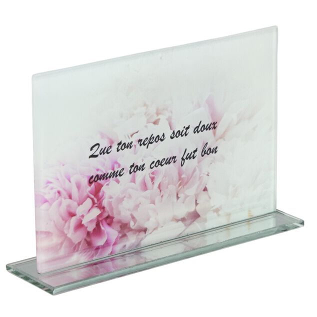 Plaque fun&eacute;raire inscription rectangulaire en verre rose et blanc 16x3,5xH10,5cm