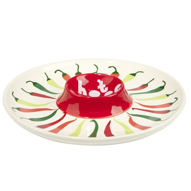 Assiette de pr&eacute;sentation dolomite compartiment sauce motif piment &Oslash;24cm (2 mod&egrave;les)