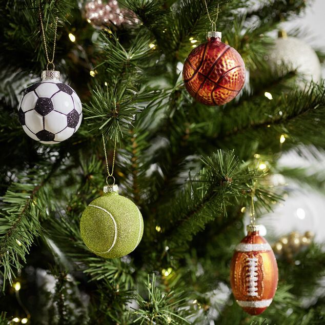 Boule de No&euml;l en verre forme ballon de sport &Oslash;6cm (5 mod&egrave;les)