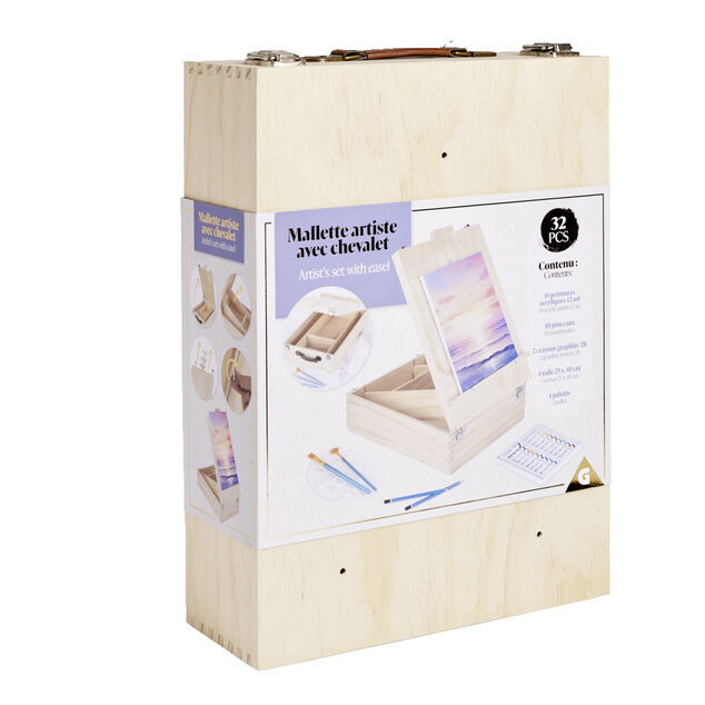 Mallette artiste chevalet en bois avec accessoires peinture