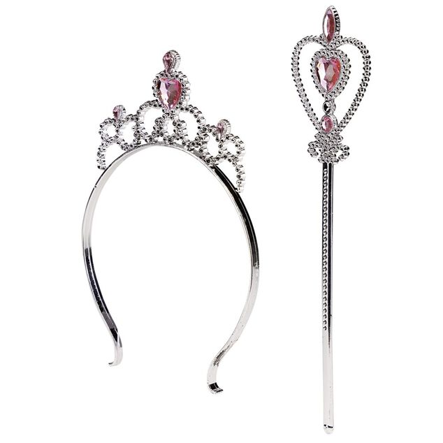 Couronne princesse et baguette magique gris argenté et bleu