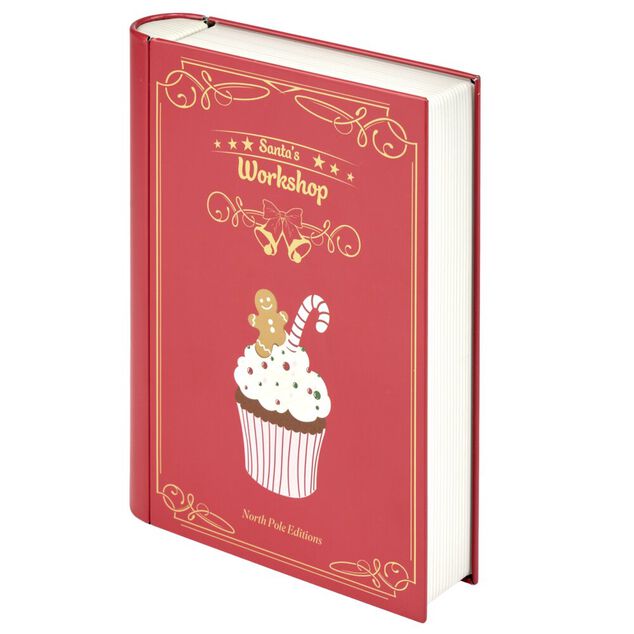 Bo&icirc;te alimentaire forme livre avec d&eacute;cor No&euml;l m&eacute;tal L19X15XH4 cm rouge
