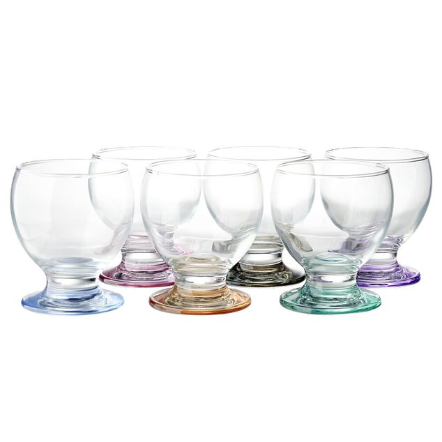 Lot de 6 verres &agrave; pieds et fond color&eacute;s assortis 21cl H8,6cm