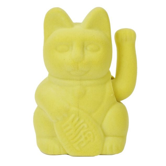 Chat porte-bonheur velours jaune 11xH15x9cm