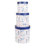 Bo&icirc;te rangement ronde d&eacute;co empilable motif fleuri bleu et blanc x3