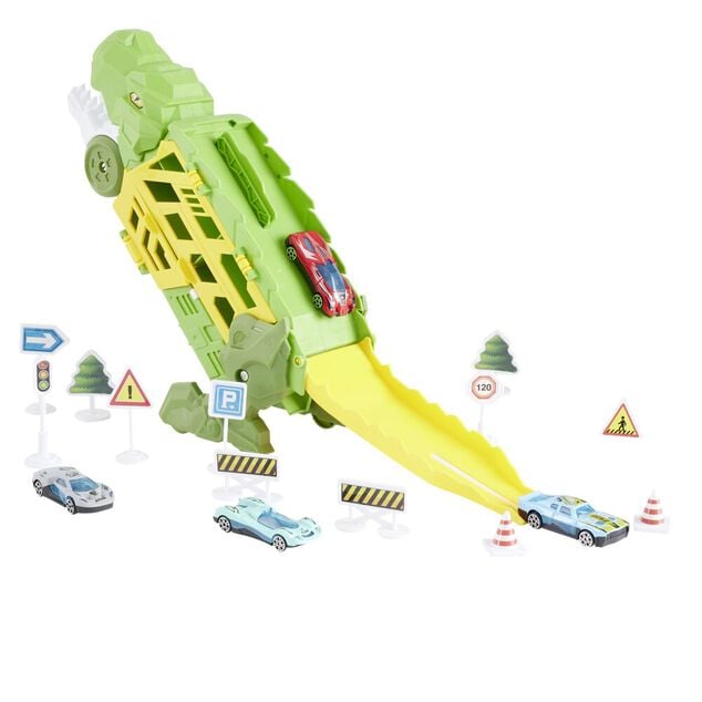 Camion transporteur dinosaure avec 4 v&eacute;hicules vert 44x29xH19cm