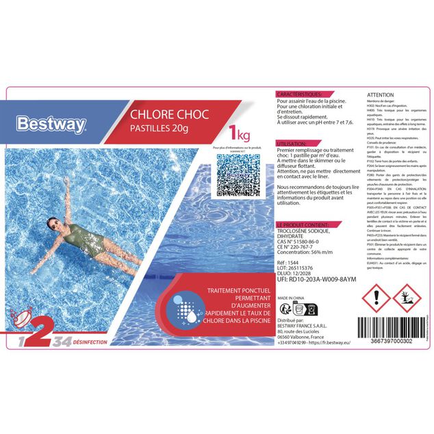 Chlore choc piscine 1kg pastille 20gr