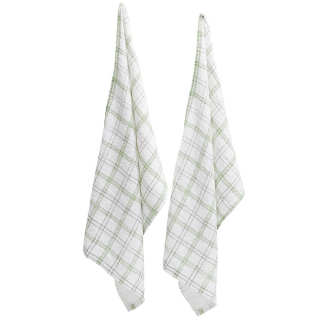 Torchon &eacute;ponge x2 polycoton quadrill&eacute; blanc et vert 38x63cm
