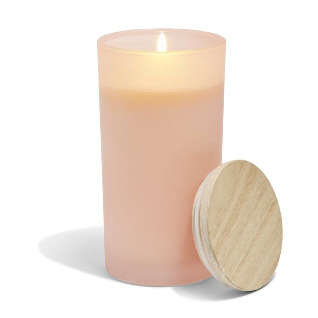 Bougie citronnelle couvercle bois verre rose &Oslash;8xH15cm