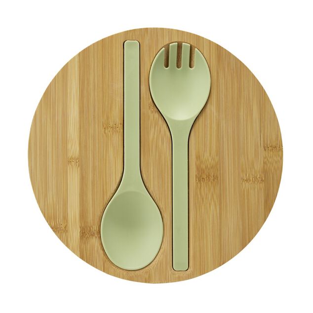 Saladier plastique vert avec couvercle bambou et couverts &agrave; salade assortis &Oslash;25cm