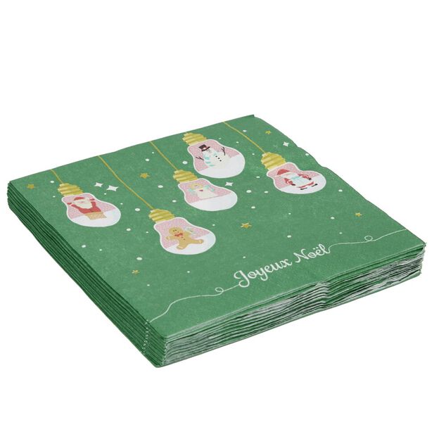 Serviette en papier 4 plis X20 pcs imprim&eacute; boules de No&euml;l ampoules 33X33 cm vert