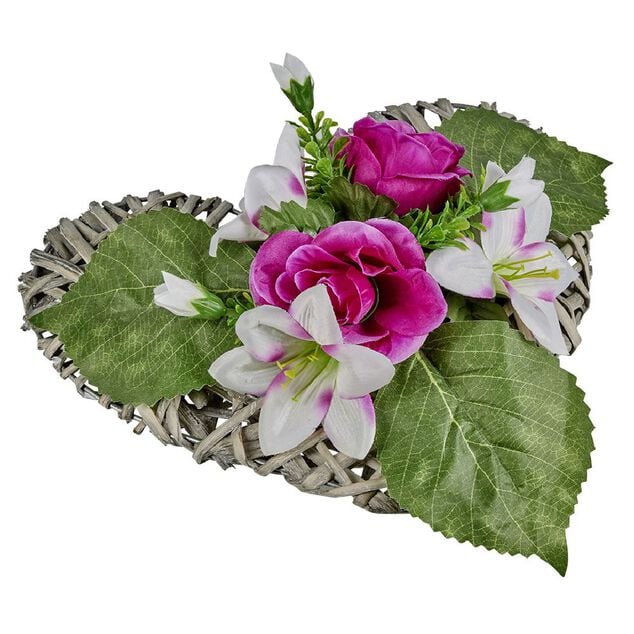 Coeur effet tress&eacute; fleur artificielle rose et lys 30x31xH16cm