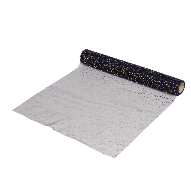 Chemin de table tulle bleu motif &eacute;toile dor&eacute;e 3m