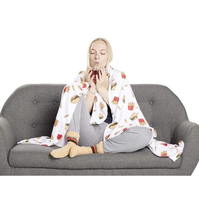 Plaid 130x160cm avec 1 paire de chaussettes fun assortie - 2 modèles