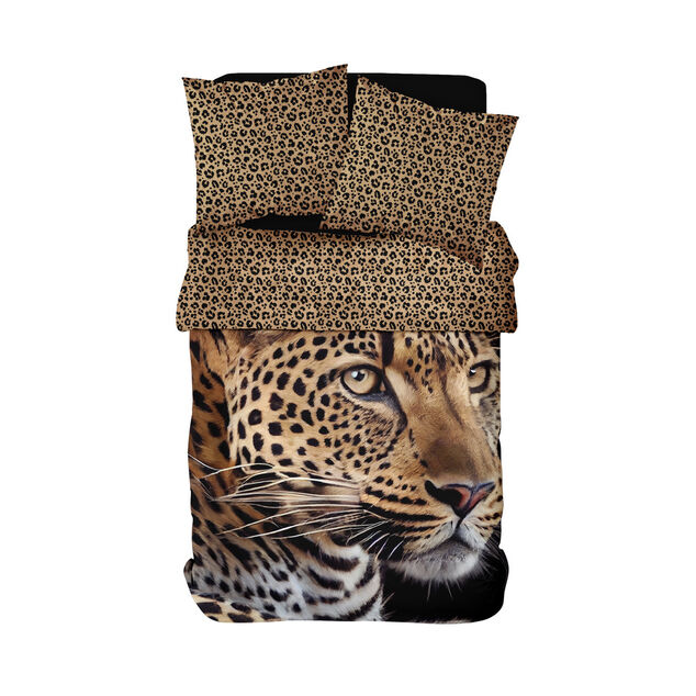 Parure de lit 2 personnes 240x220cm coton motif léopard marron et noir