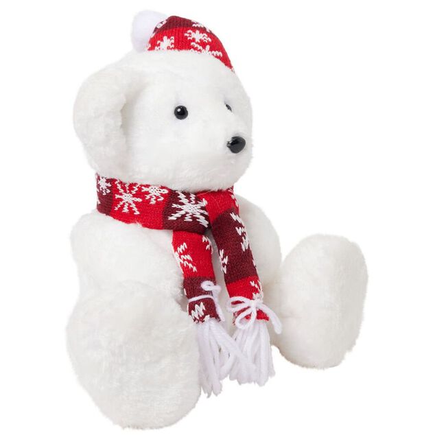 Ours blanc &agrave; poser avec &eacute;charpe et bonnet 27x19xH27cm
