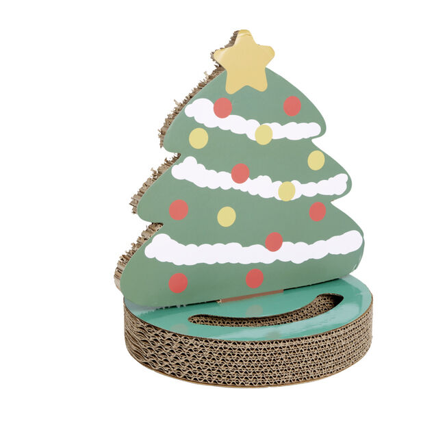 Grattoir carton forme sapin de No&euml;l et jeu de balle pour chat &Oslash;33xH28,5cm