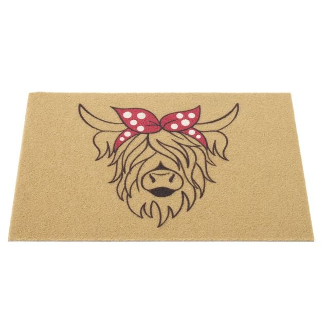 Paillasson motif vache Highland ext&eacute;rieur abrit&eacute; marron et rouge 40x60cm