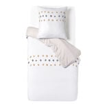Parure de lit 1 personne 140x200cm r&eacute;versible pompon tuft&eacute; blanc