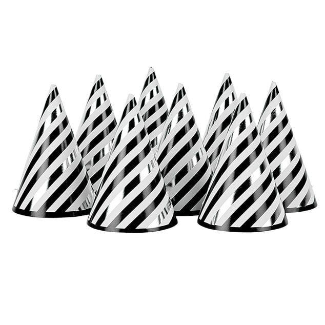 Chapeau de f&ecirc;te ray&eacute; noir et blanc en carton x 8