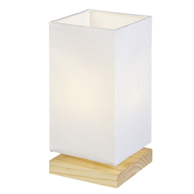 Lampe de chevet abat jour blanc sur base carr&eacute;e en pin naturel