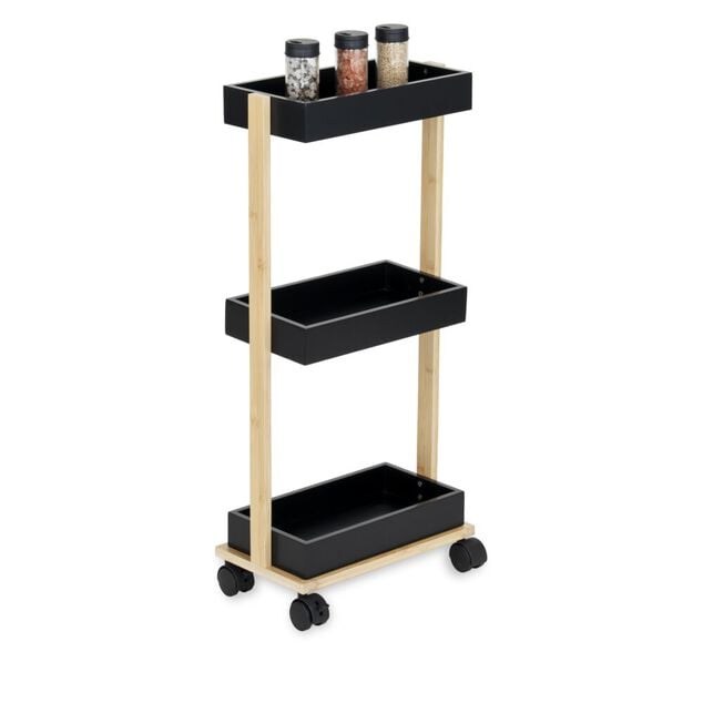 Desserte de cuisine en bois &agrave; roulettes 3 niveaux noir et naturel 32x18xH70,5cm