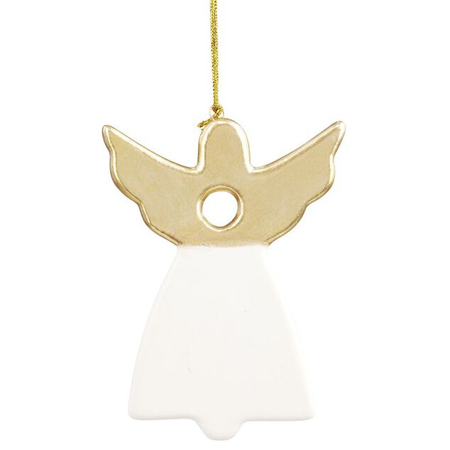 Suspension de No&euml;l Ange en gr&egrave;s blanc et dor&eacute; H11 cm