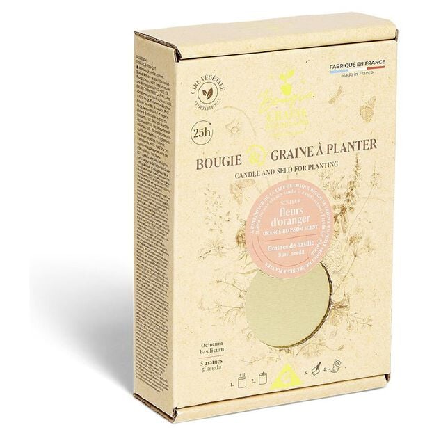 Bougie avec graine basilic &agrave; planter senteur fleur d'oranger 25H