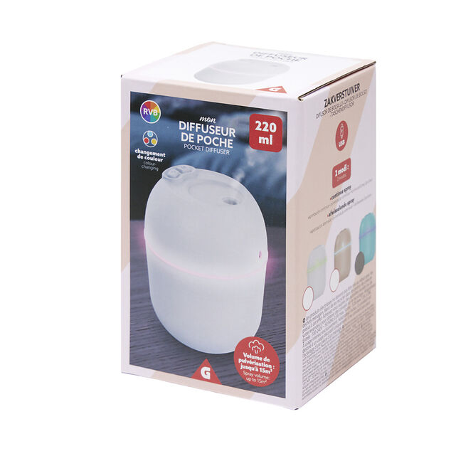 Mini diffuseur d'huile essentielle LED RVB 220ml Ø8xH10cm (3 modèles)