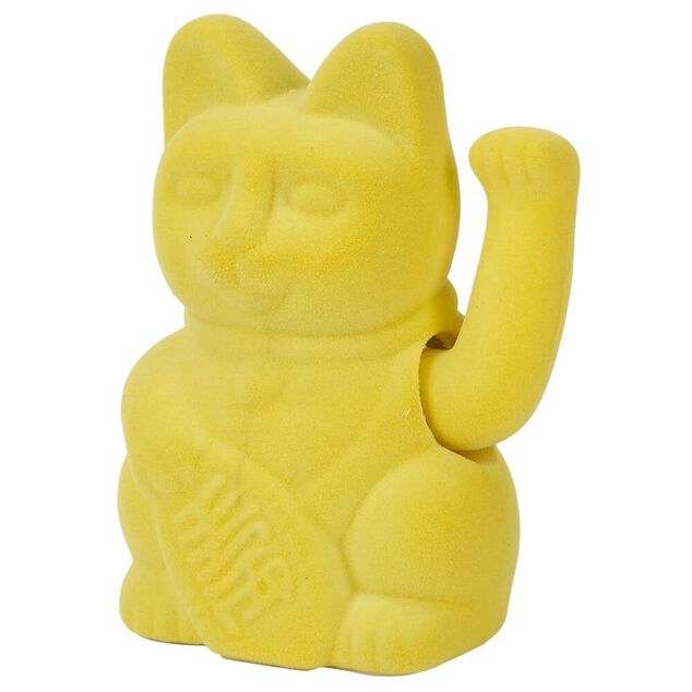 Chat porte-bonheur velours jaune 11xH15x9cm