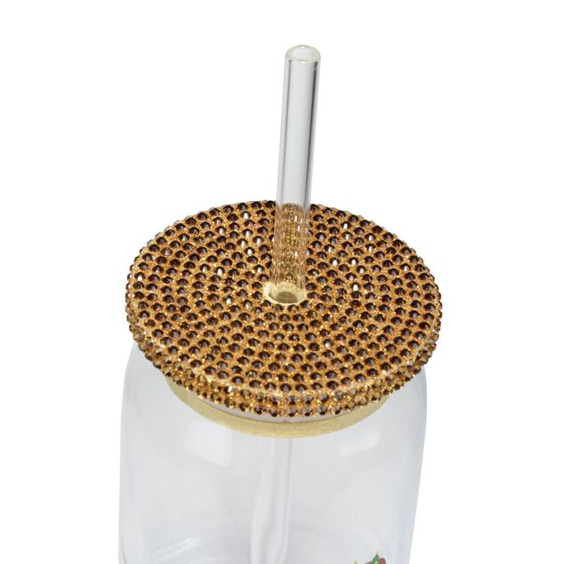Gobelet avec couvercle paillette et paille imprim&eacute; teckels 450 ml &Oslash;7XH14 cm dor&eacute;