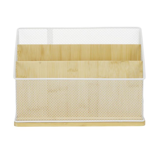 Organiseur de bureau bambou et m&eacute;tal 3 compartiments 29x14xH20cm