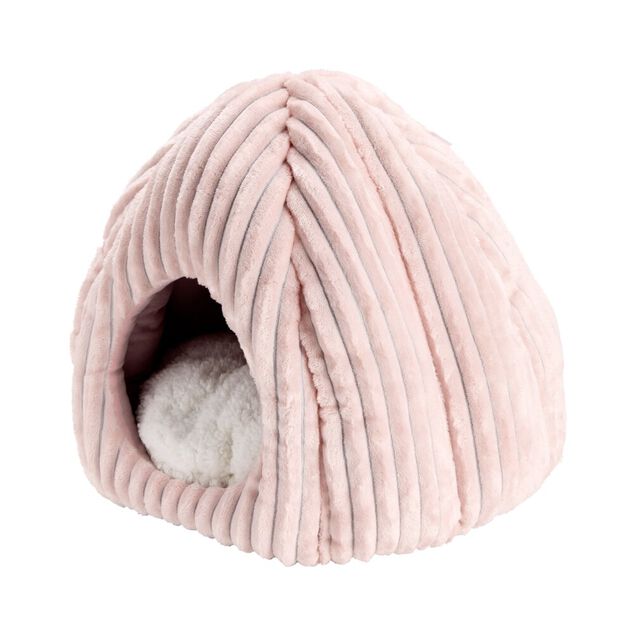 Couchage animal niche avec coussin tissu velours c&ocirc;tel&eacute; rose 40x40xH36cm