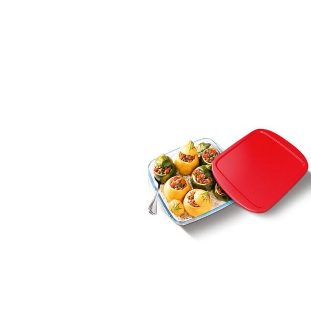 Plat de cuisson carr&eacute; en verre avec couvercle en plastique 1 L