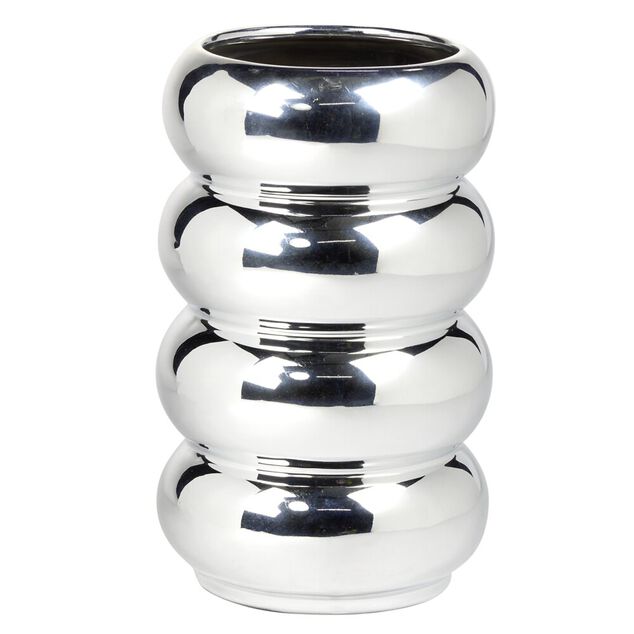 Vase c&eacute;ramique forme arrondie superpos&eacute;e gris chrom&eacute; &Oslash;12xH20,5cm