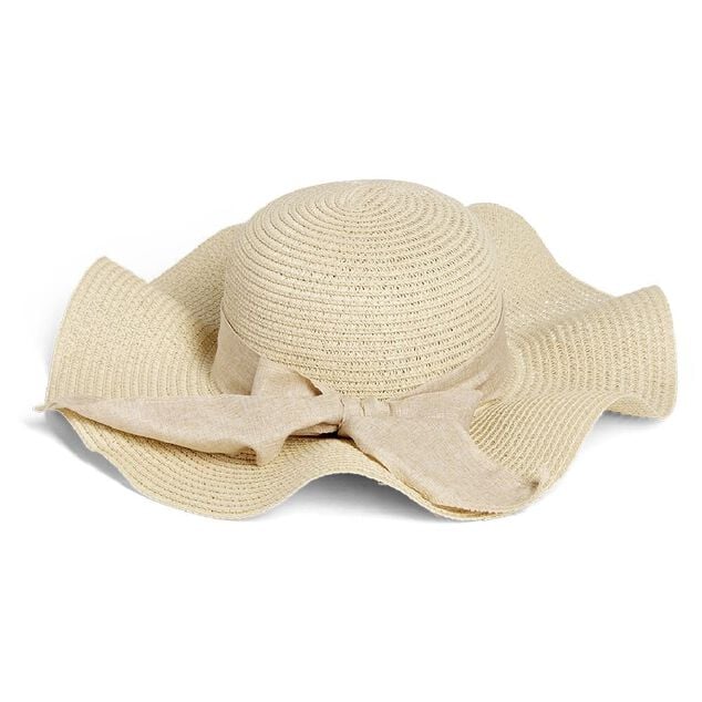 Capeline ondul&eacute;e beige ruban floral papier &Oslash;40cm