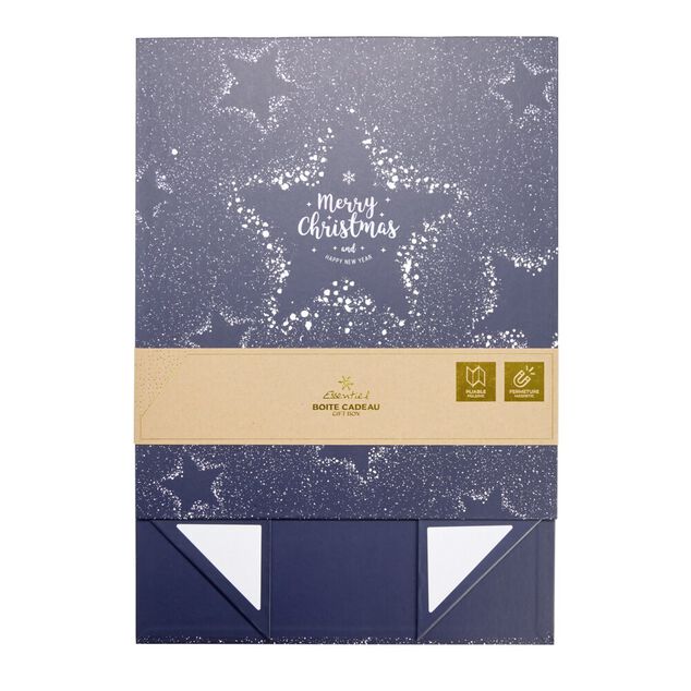 Bo&icirc;te cadeau No&euml;l pliable fermeture magn&eacute;tique Merry Christmas bleu 30x35cm