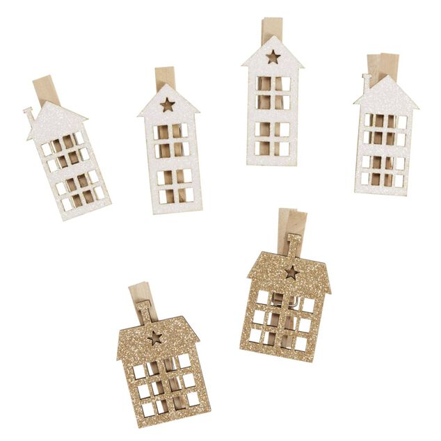 Décoration de table Noël x6 pince en bois forme maison blanc et naturel