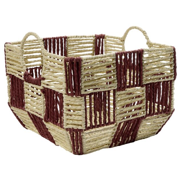 Pani&egrave;re de rangement carr&eacute;e damier papier beige et rouge 29x29xH20cm