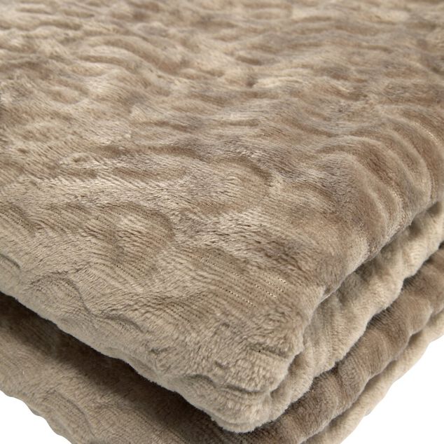 Plaid XL l&eacute;opard emboss&eacute; ton sur ton taupe ou beige 180x200cm (2 mod&egrave;les)