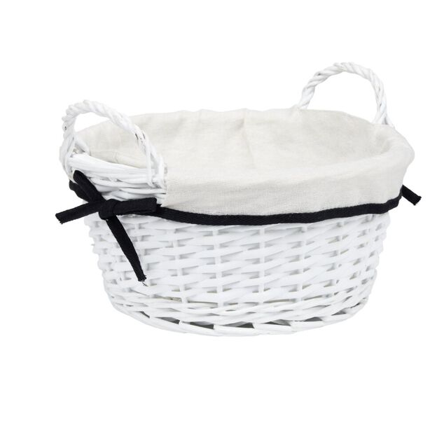 Pani&egrave;re ronde en bois tress&eacute; doublure tissu blanc noeud noir &Oslash;30xH14cm