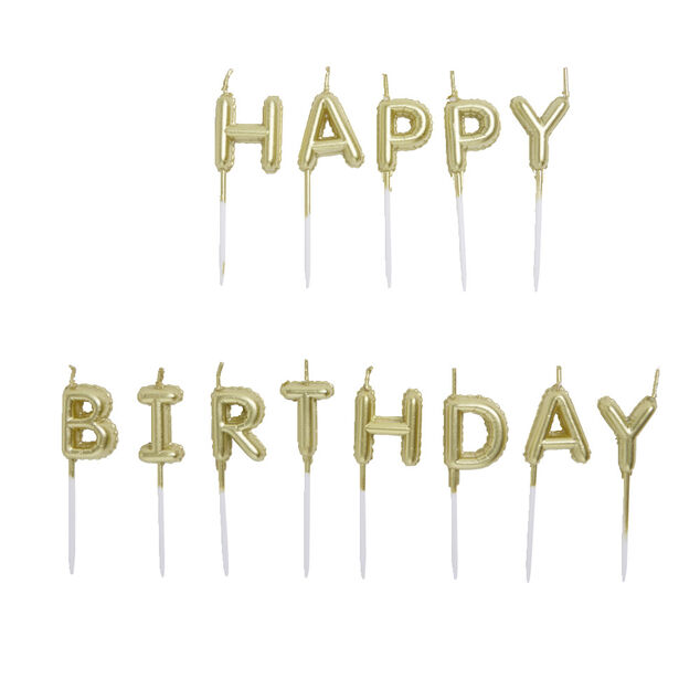 Bougies anniversaire lettres Happy Birthday dor&eacute;es H7cm