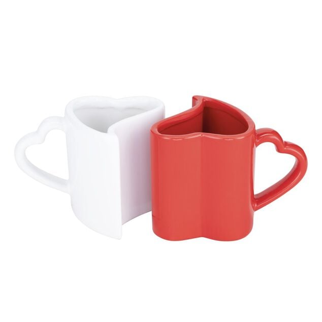 Coffret cadeau mug fa&iuml;ence x2 forme coeur embo&icirc;table rouge et blanc 7x13xH7,5cm