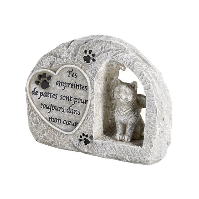 Plaque fun&eacute;raire solaire LED avec chat polyr&eacute;sine gris 15x5xH11,5cm