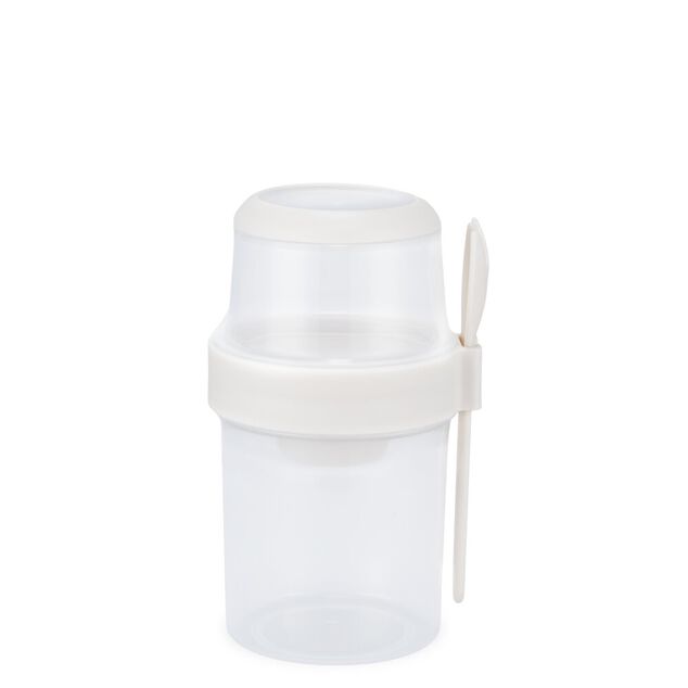 Bo&icirc;te alimentaire ronde 530ml avec cuill&egrave;re et compartiment plastique &Oslash;11xH18cm (2 mod&egrave;les)